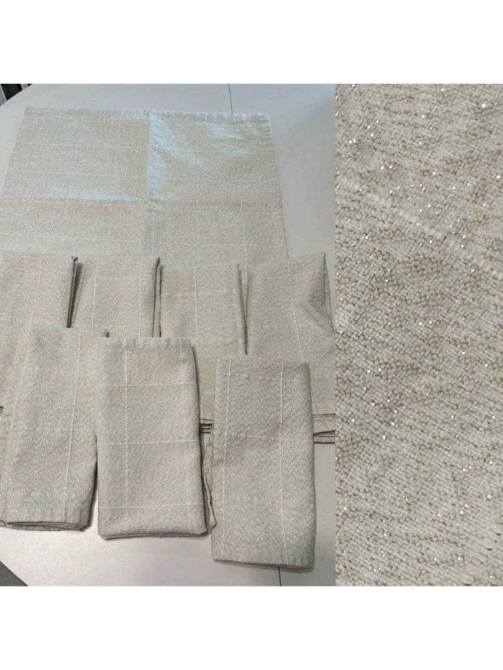 8 Cloth Napkins Cream Metallic Shimmer Embossed Grid Block Pattern Dinner Party